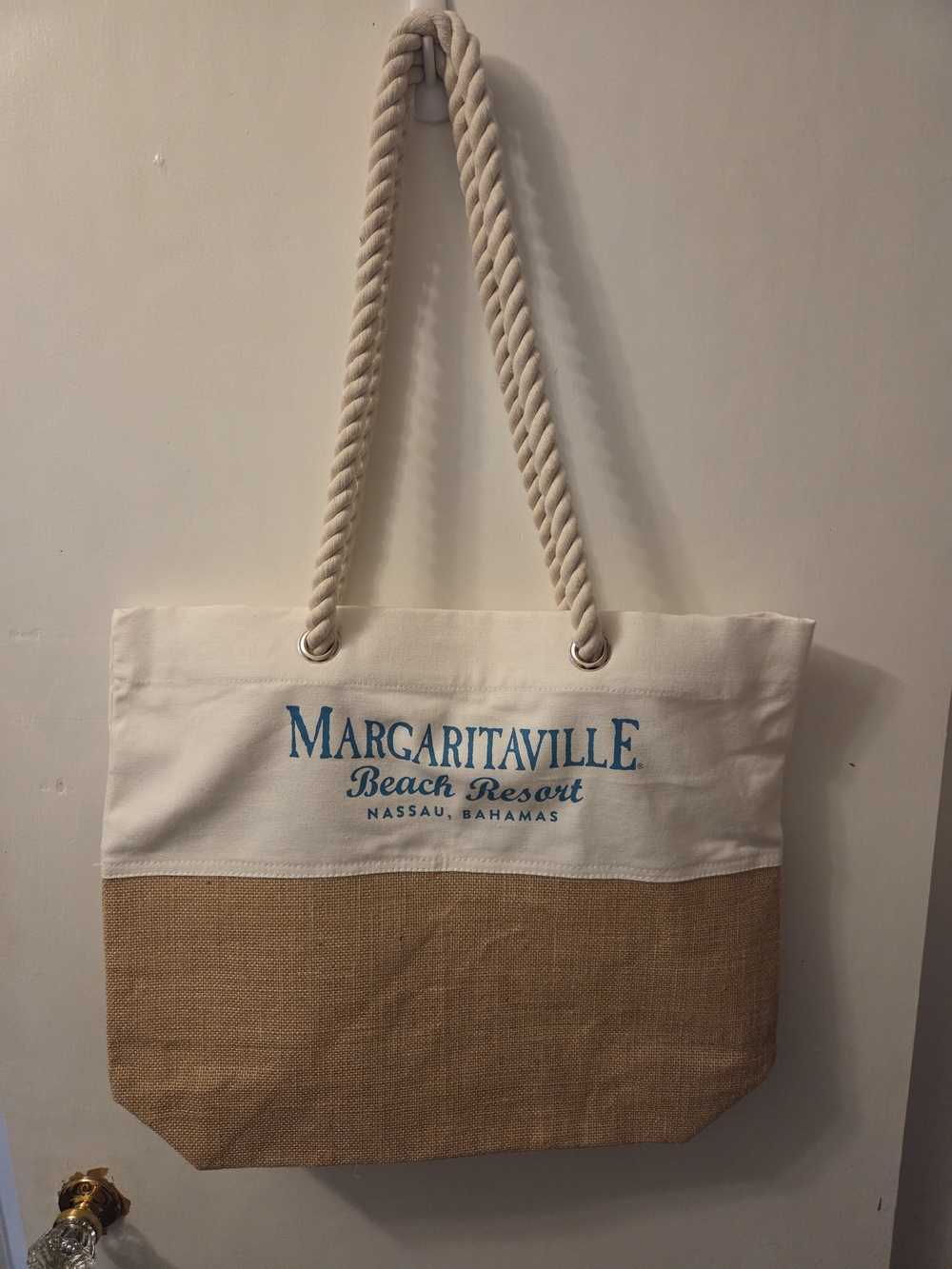 Margaritaville Canvas Tote with Rope Handles in Cream and Tan with Blue Logo